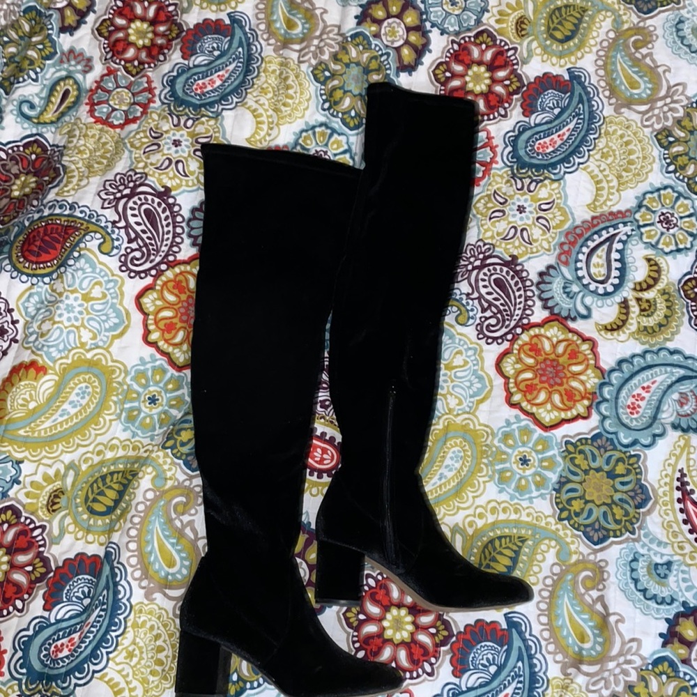 Thigh high, wide calf, velvet boots.  Worn once.  Size 8.5